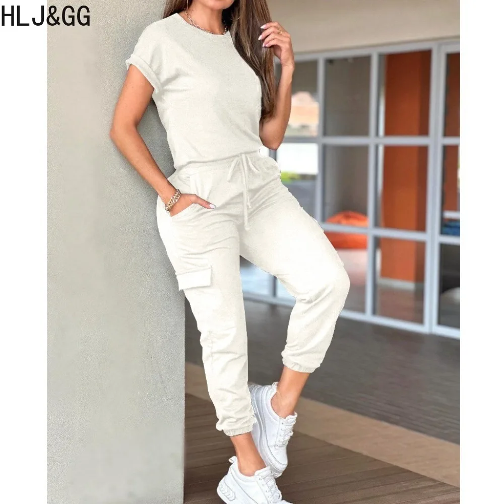 

HLJ&GG Casual Solid Sporty Jogger Pants Two Piece Sets Women O Neck Short Sleeve Top+Drawstring Pants Tracksuits Female Outfits