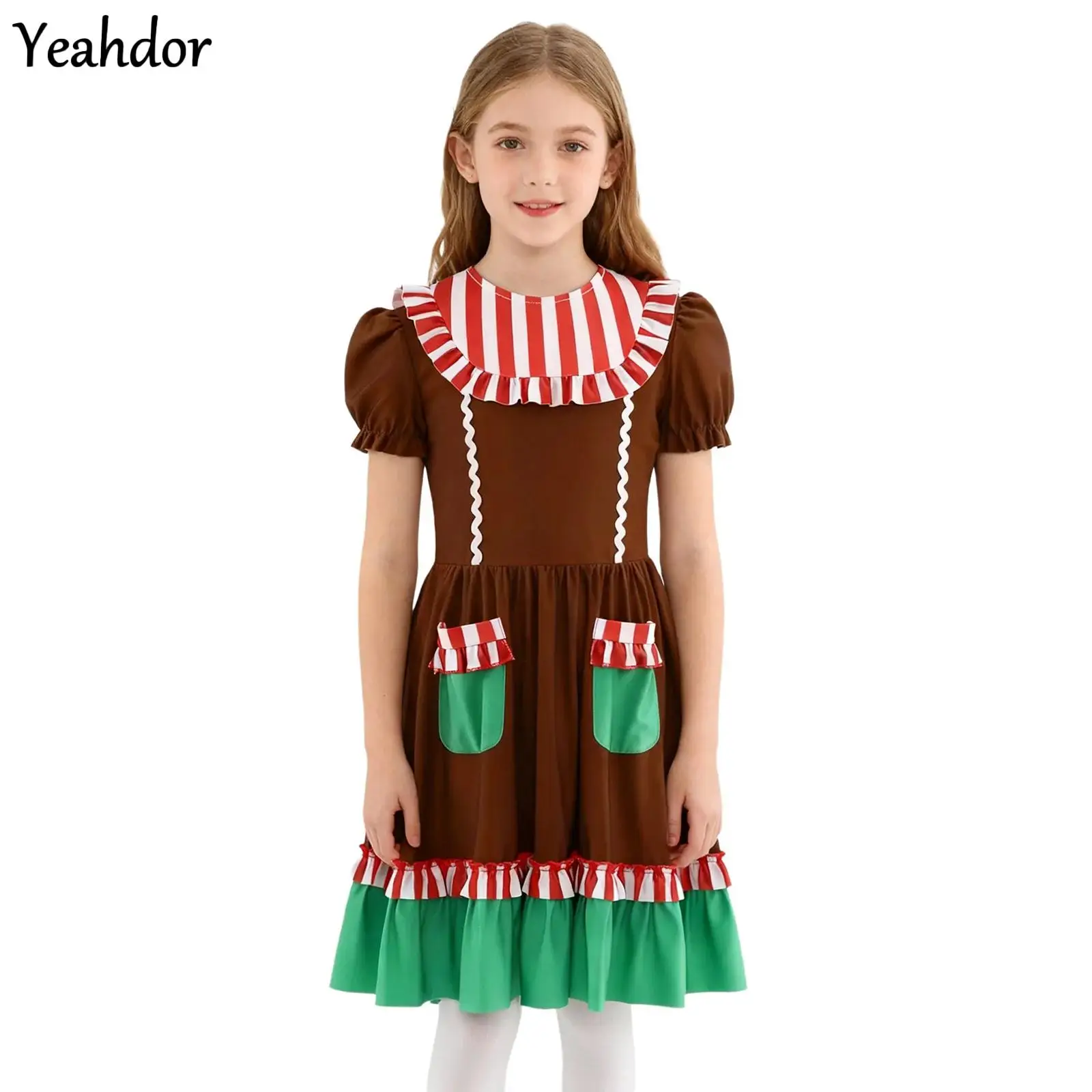 

Girls Christmas Gingerbread Man Costume Dress Puffy Short Sleeve Ruffle Candy Cane Santa Cookie Cosplay Skating Ballet Tutu Dres
