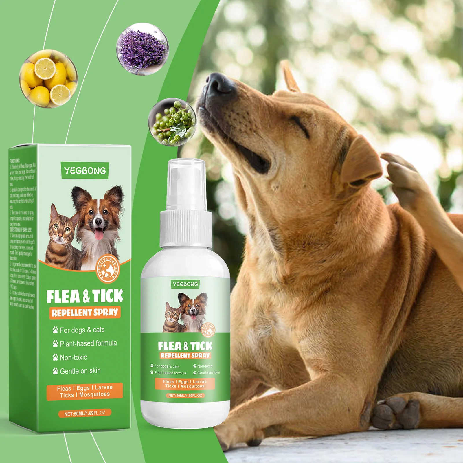 Yegbong Spray tópico para el control de plagas para mascotas: elimina las pulgas y las garrapatas, fórmula suave, protección extendida, no estimulante
