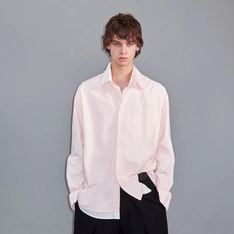 WVGA Spring Autumn New Men's Double-collar Faux Two-piece Oversized Layered Long Sleeved Shirt Niche Chic Casual Tops Ins W23895