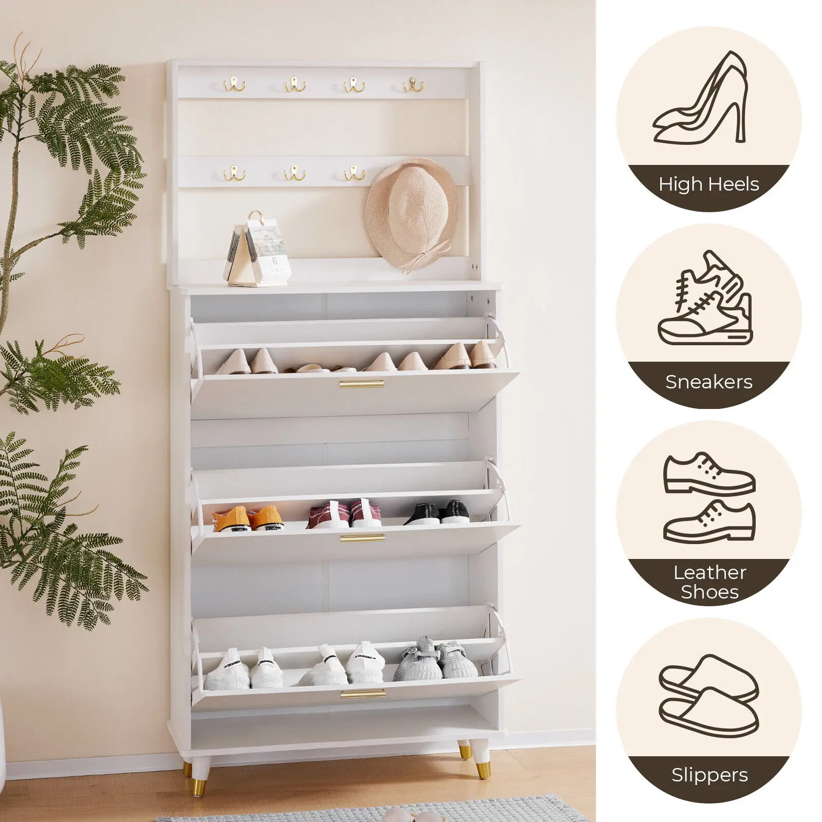 US Wooden Shoe Cabinet Storage Boxes, Suitable for Entrance, Ultra-Thin, 3 Flip Drawer, Jacket Racks, US 24 Pairs