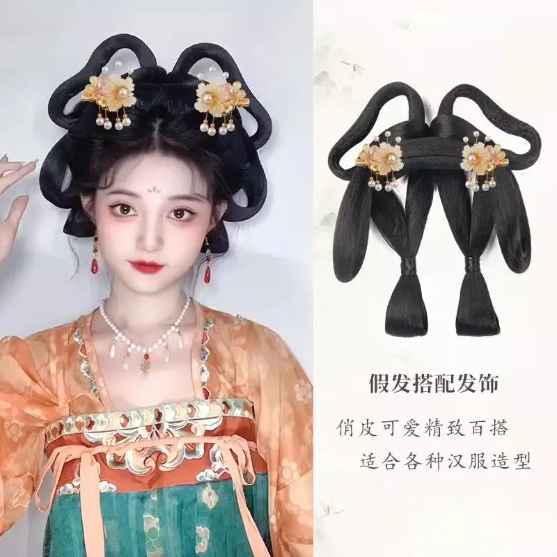 Conjunto de coque de cabelo da dinastia Ming Tang |   Updo pré-estilo tudo-em-um |   Acolchoamento de peruca volumosa |   Fantasia de cosplay de chapéu Hanfu preguiçoso