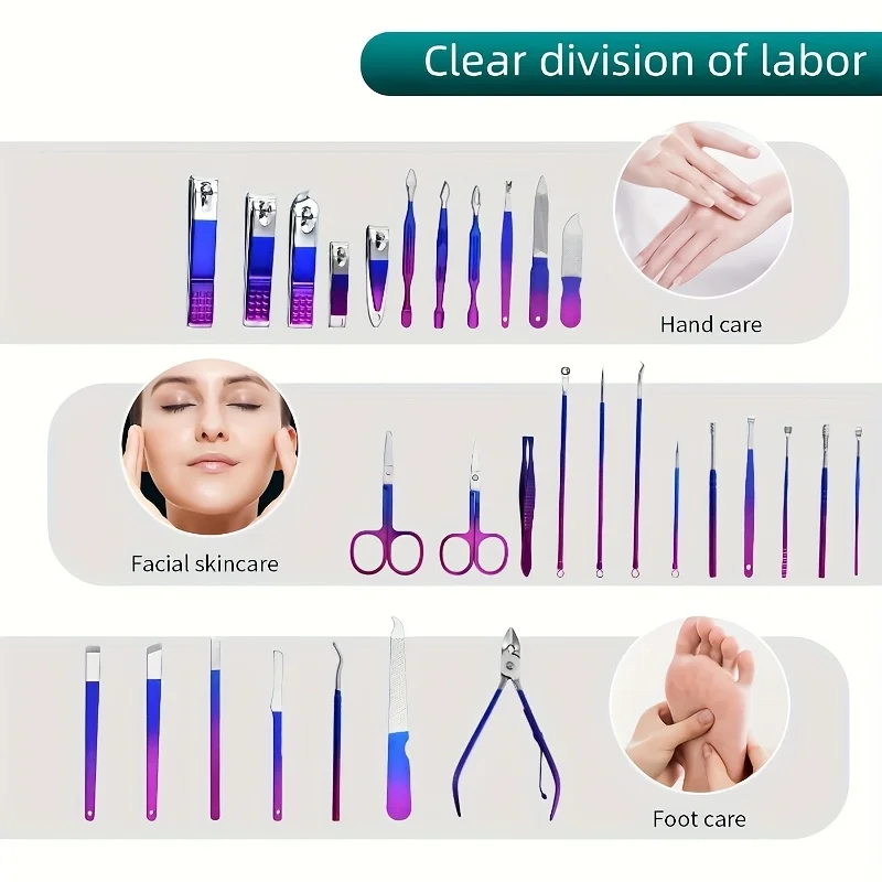 9pcs Stainless Steel Nail Clipper Set Blue Red Gradient Nail Kit Splash Proof Clippers Scissors Keratinum Layer Storage Box