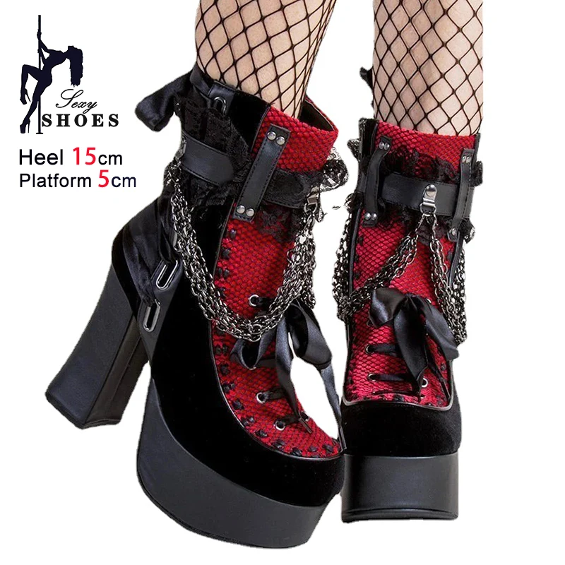 

Готические женские ботинки на платформе, мотоциклетная обувь на массивном каблуке 15 см с цепочкой, модные кожаные ботильоны на шнуровке с боковой молнией