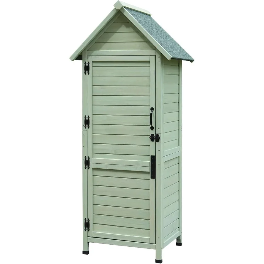 Outdoor wooden storage shed for garden tools with safety latch and adjustable shelves, weather-resistant light green patio stor