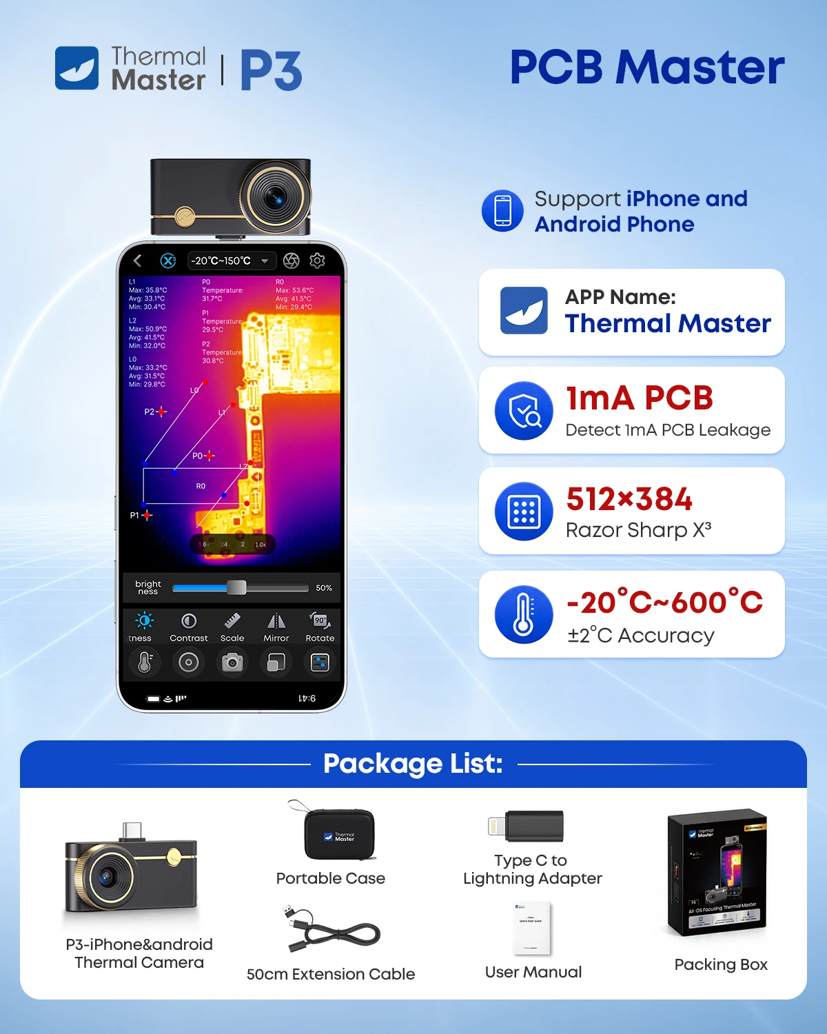 P3 Wärmebildkamera für iPhone und Android 512*384 IR-Auflösung 600 ℃ Hochtemperatur-Wärmebildkamera mit 15-fachem Zoom und einstellbarem Makroobjektiv für die Fehlerbehebung von Leiterplatten und