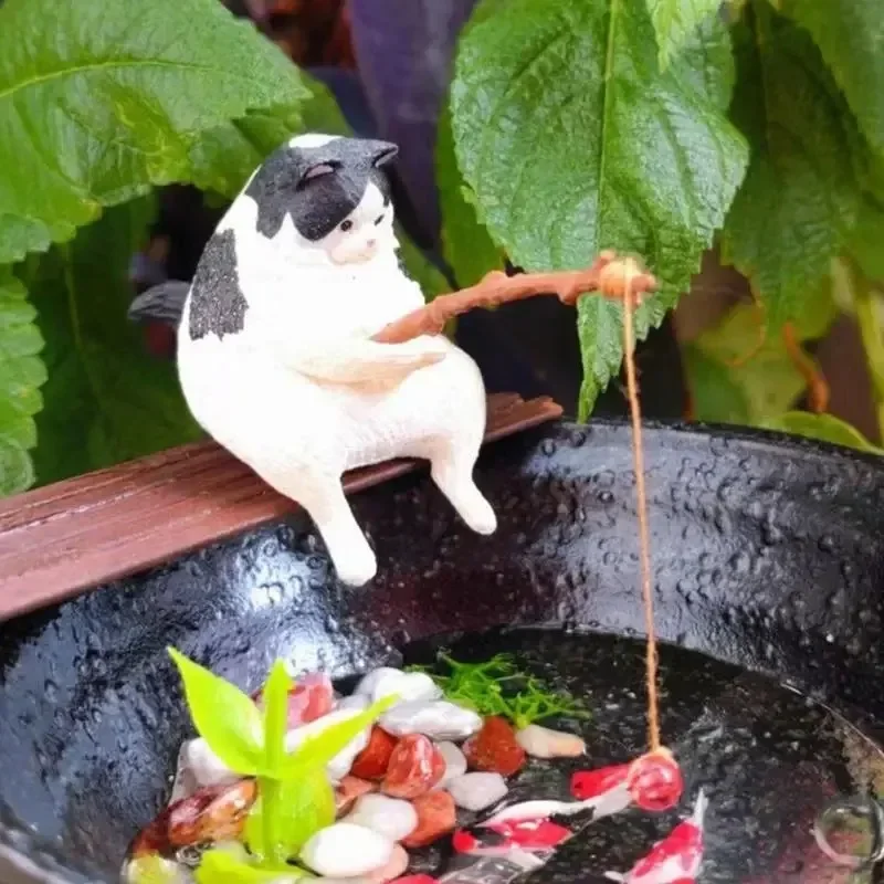 Cats Fishing Figurine Cat Sculpture Sitting Fishing Little Cute Cat Resin Ornament Decorative Furnishings for Aquarium Home