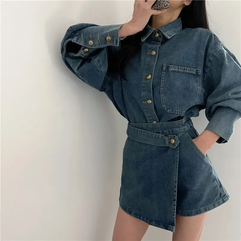 Neploe Vintage Loose Long Sleeve Denim Coat Women+ Y2k High Waist Irregular Shorts Skirts 2024 Spring New Two Piece Sets