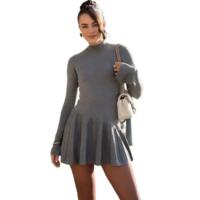 Long Sleeve Knitted Mini Dress Female High Waist Bodycon Umbrella Dress Fashion Elegant Solid Splice Fold Sweater Dress