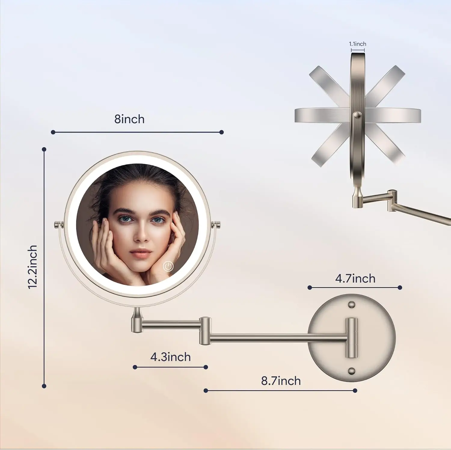 Accessori per specchi da bagno pieghevoli a LED touch in nichel spazzolato Specchio per trucco illuminato magnificamente 10X Specchi da bagno rotondi touch