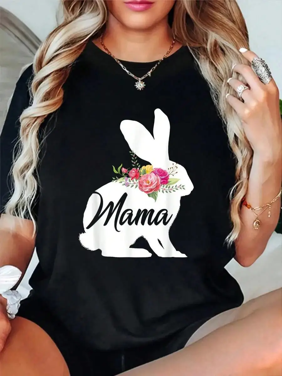 100_ Cotton Cute Mama Bunny Mom Flowers Mothers Day Easter Day Women T-Shirt Men s Women s Soft Breathable Tee Classic Fashion Summer Tops Printi