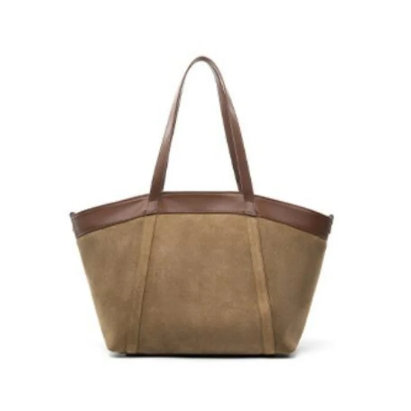 Women Large Size Suede Vintage Handbag Patchwork Casual Tote Ladies Fashion Commuting Travel Bags Colorblock Shoulder Bag