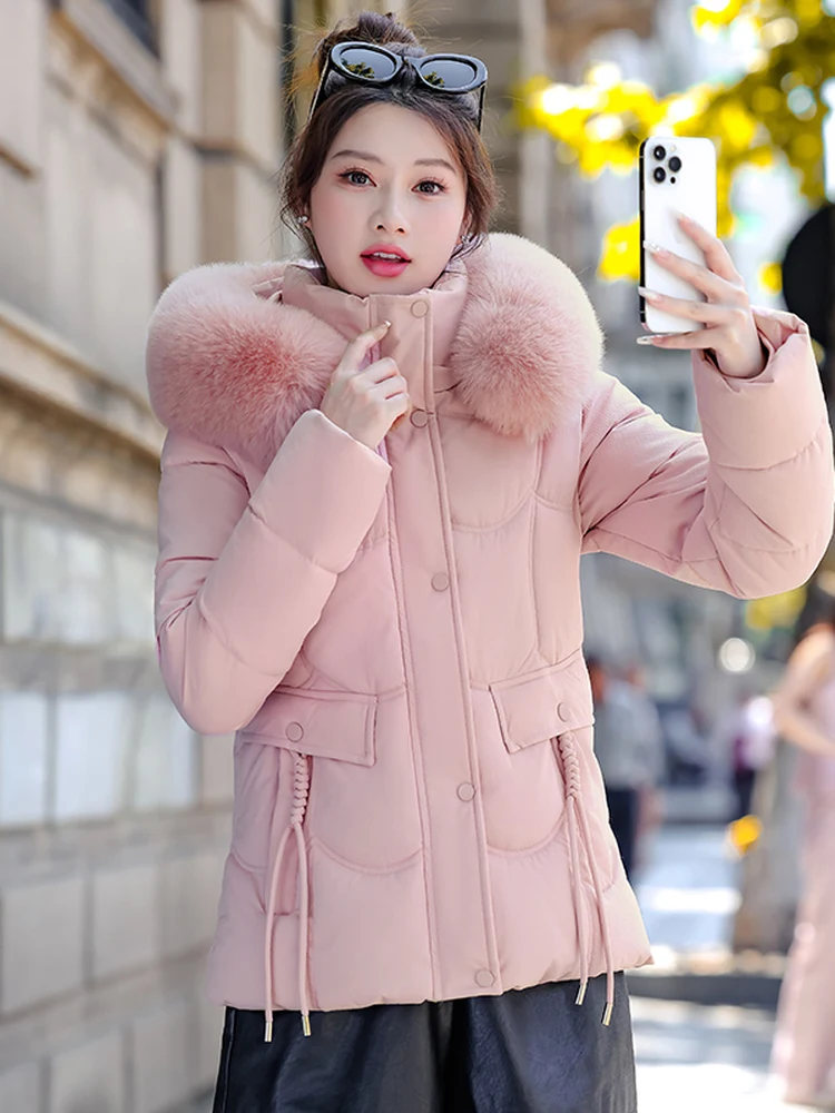 

Women's Fce Lined Cotton Jaet Slim Fit Waist Cinched Detachable Hood Large Fur Collar Faionable Cotton Coat Winter New...