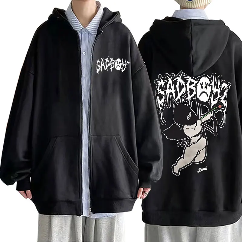 

Singer Junior H Sad Boyz Graphic Zipper Hoodie Men Women's Hip Hop Oversized Harajuku Zip Up Jacket Male Casual Fleece Hoodies