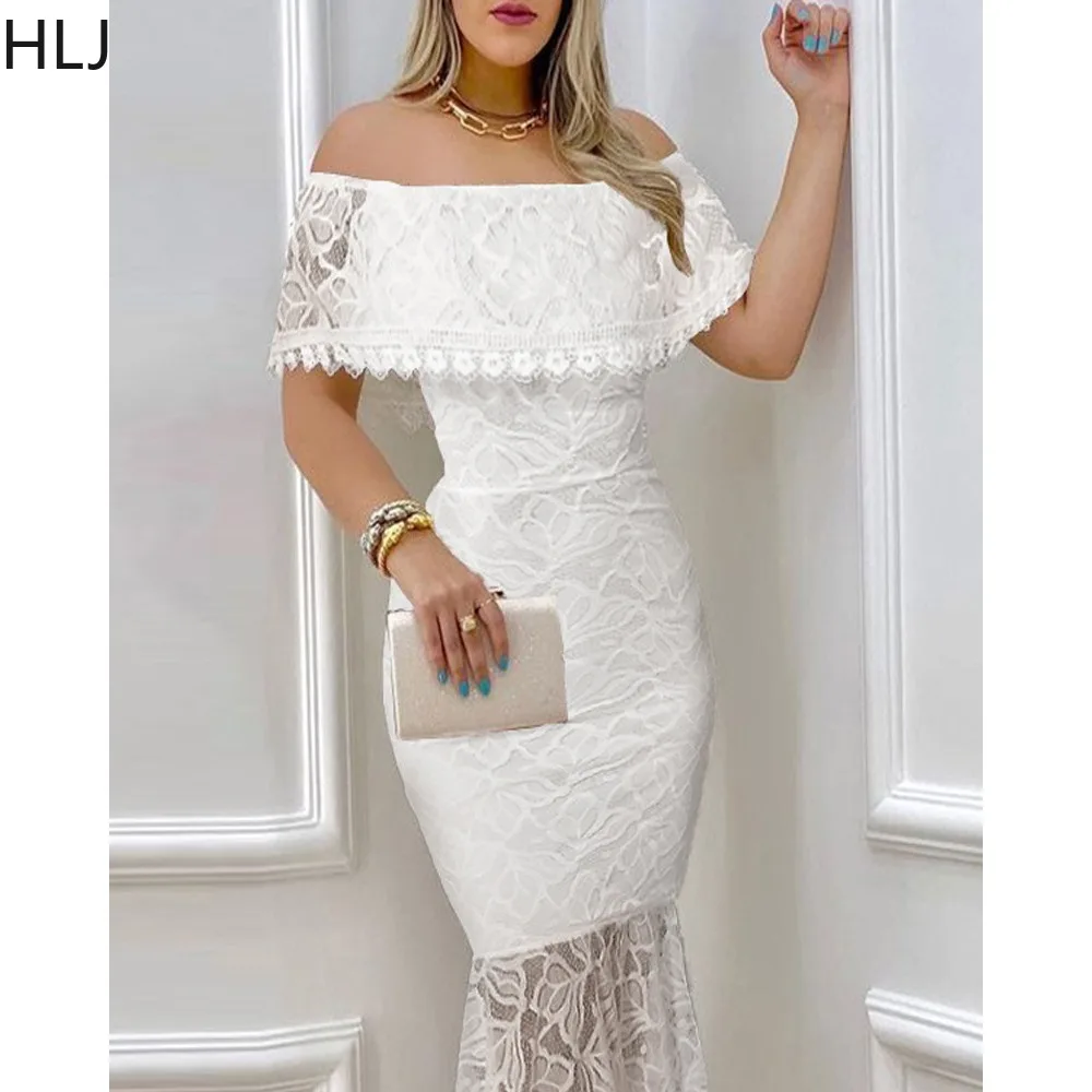 

HLJ White Fashion Off Shoulder Lace Bodycon Party Dresses Women Short Sleeve Slim Mermaid Dress Lady Solid Color Club Vestidos
