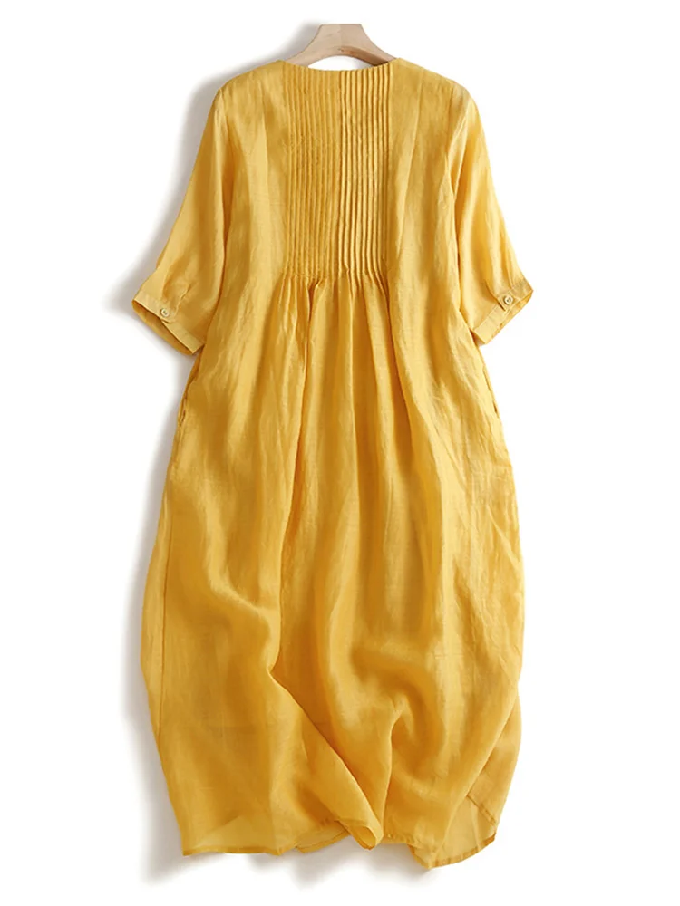 Women's Loose Svel Cotton Linen Dr Skirt A-Line Summer Long DrAccordion Pleat Wide Hemline Artistic Sle