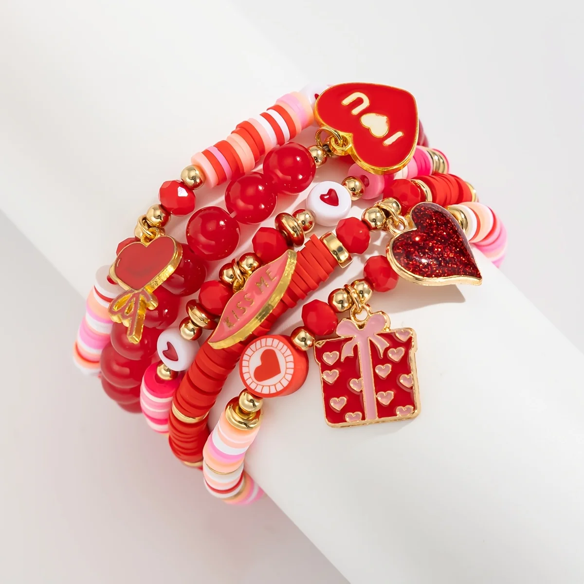 5pcs Valentine's Day Soft Clay Bead & Heart Charm Bracelets - Elastic Stretch Beads, Love Token Gift for Couples,Year-Round Wear