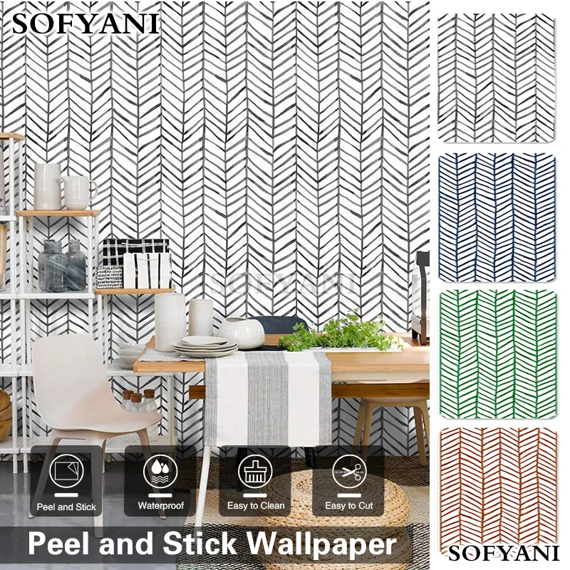 Boho Peel and Stick Wallpaper Stripe Herringbone Black White Vinyl Self Adhesive Room Decor Contact Paper 45cm wide