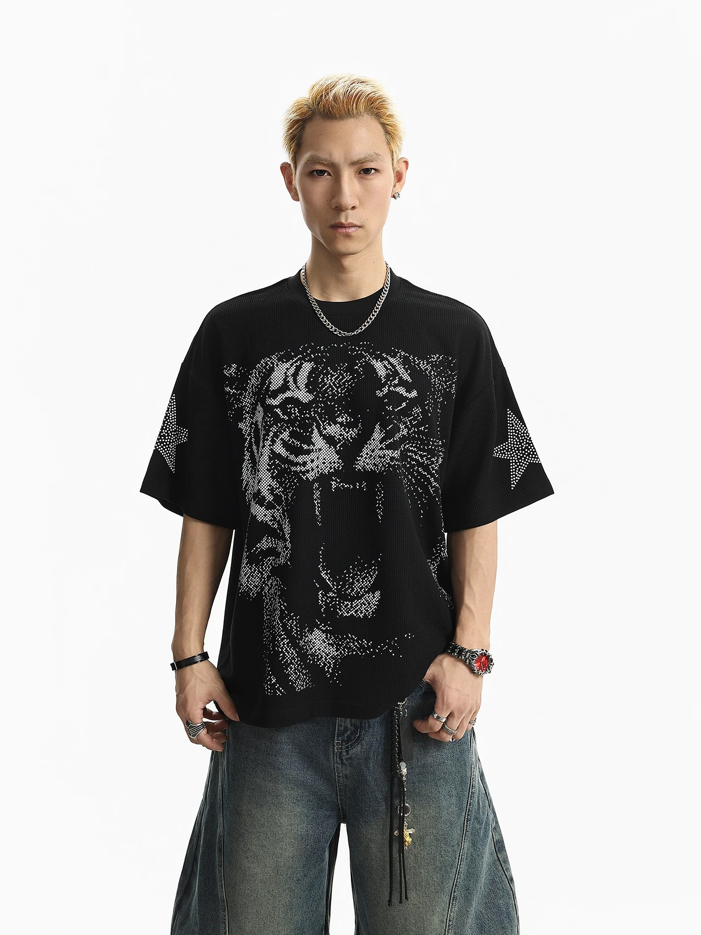 BETEBULE American High Street Tiger Print Waffle round Neck Short Sleeve T-Shirt Men Summer Trend Loose Top Breathable Comfor...