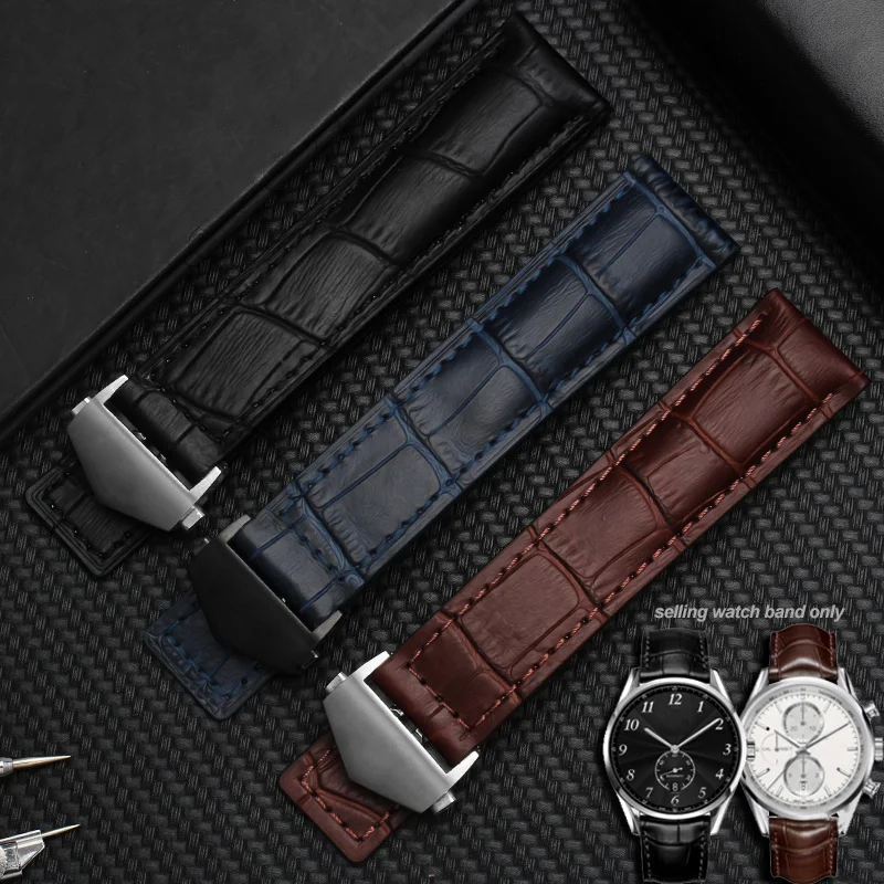 19mm 20mm 22mm For TAG Heuer Calera Leather Watchband Steel buckle Blue Brown Black Crocodile Leather watch strap Accessories