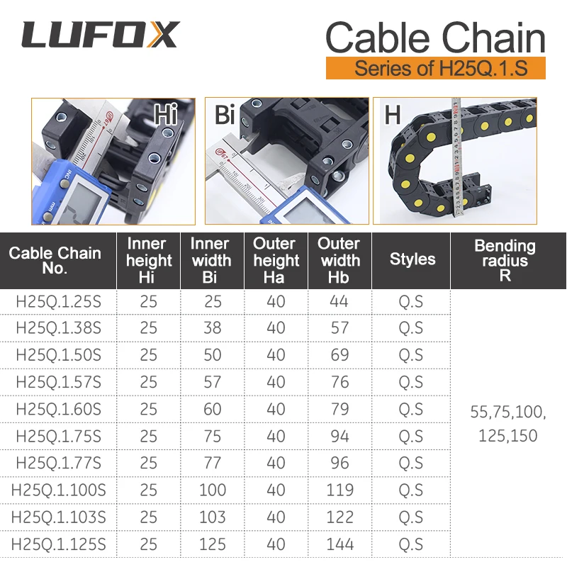 High quality 1-meter cable drag chain. Series of H25Q.1.S-Bridge type open of both side