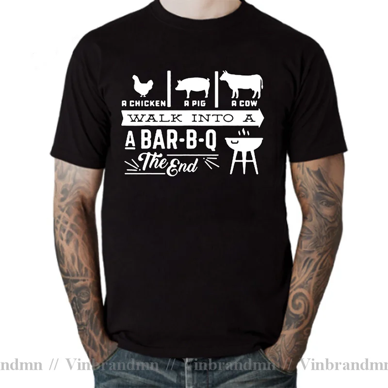 A Chicken Pig Cow Walk Into Barbecue BBQ Funny T Shirts Men Summer Cotton Harajuku Short Sleeve O Neck Streetwear Black T-shirt