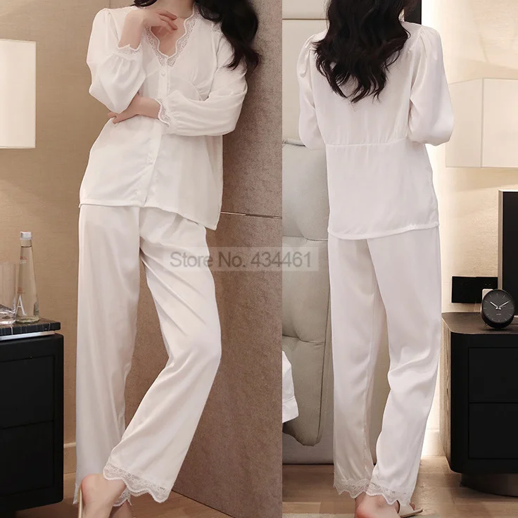 Patchwork Satin Pajamas Suit Sleepwear With Lace Women Nightgown Button-down Pyjamas Pour Femme Nightwear Casual Home Wear