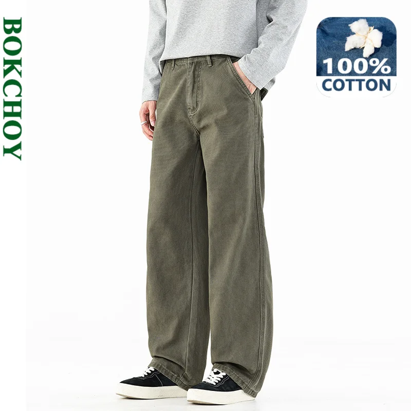 2026 Autumn New Vintage Washed Straight 100% Cotton Jeans for Men Clothing Comfort Zipper Fly Men Pants KK1867