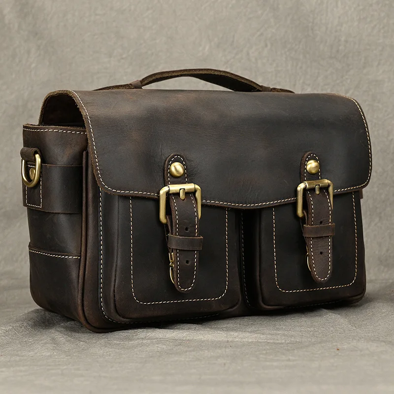 

New Vintage Style DSLR Camera Sling Bag – Crazy Horse Leather with Lens Protection for Outdoor Photography, Travel & Hiking