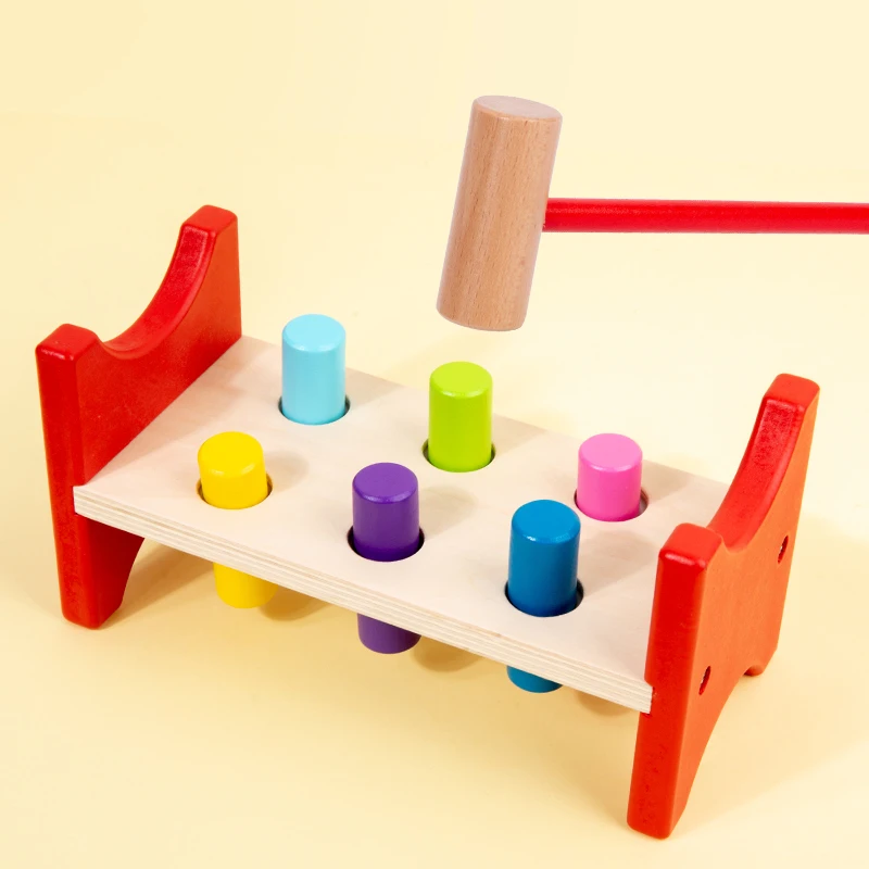 Wooden Educational Toys Pile Driving Game Colors Cognition/ Shapes Matching Activities Hammer Game for Hand-eye Coordination