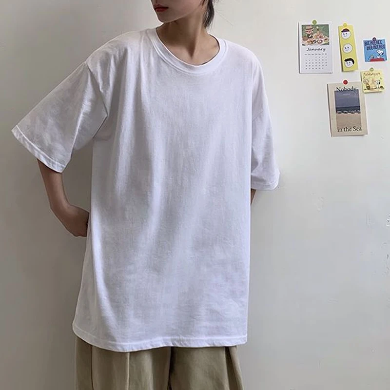 

Harajuku, свободные простые пуловеры, топ, летние новые однотонные универсальные модные футболки с короткими рукавами, повседневная корейская женская одежда