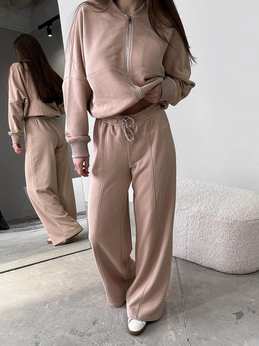 2024 Solid Zipper Sweatshirt Suit Women Long Sleeve Top Drawstring Wide-leg Pants Sets Loose Hooded 2-Piece Set Sports Outfits