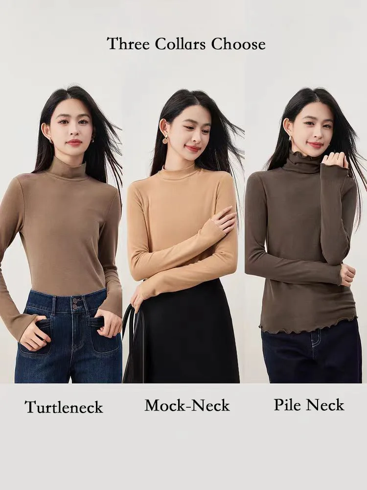 Double-Sided Brushed Thick T-shirt Winter Wool Self Heating Turtleneck Pile Collar Long Sleeve Warm Undershirt
