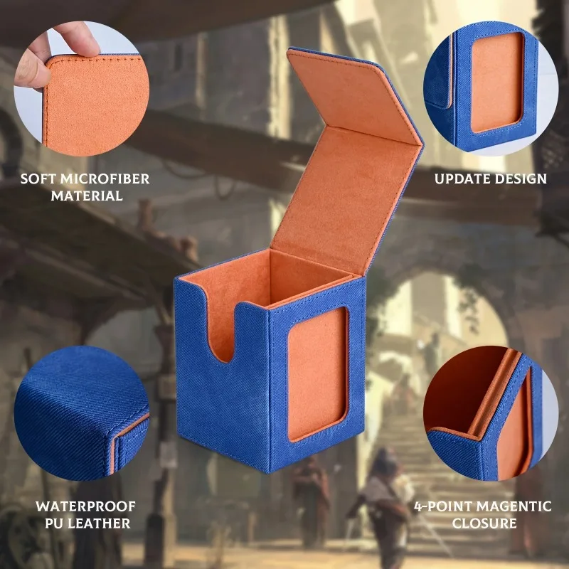 Kartenspielbox mit Sichtfenster, Sammelkarten-Aufbewahrungsbox, fasst 120+ einzeln gehüllte Karten, PU-Leder-Denim-Kartenbox für TCG – Detail 4