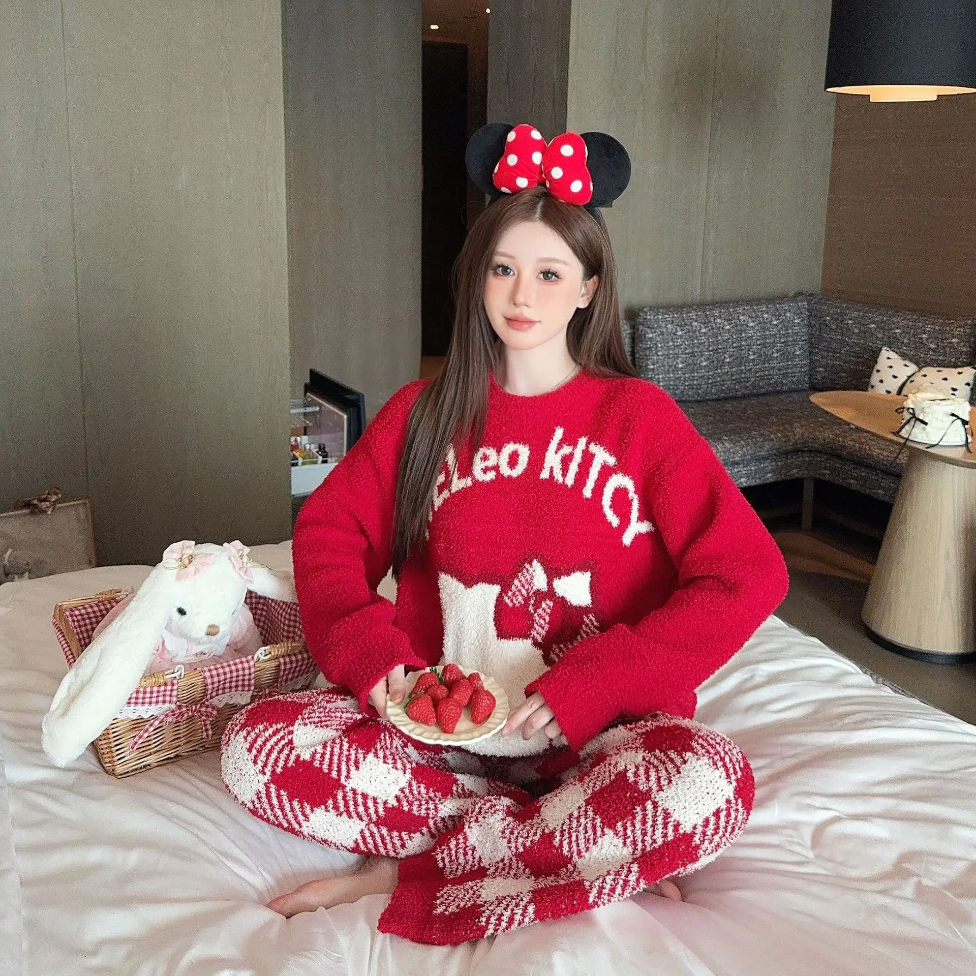 Red Hello Kitty Fleece Pajamas Long Sleeve Top Plaid Pants Soft Autumn Homewear Winter Sleepwear Clothing Sets for Women