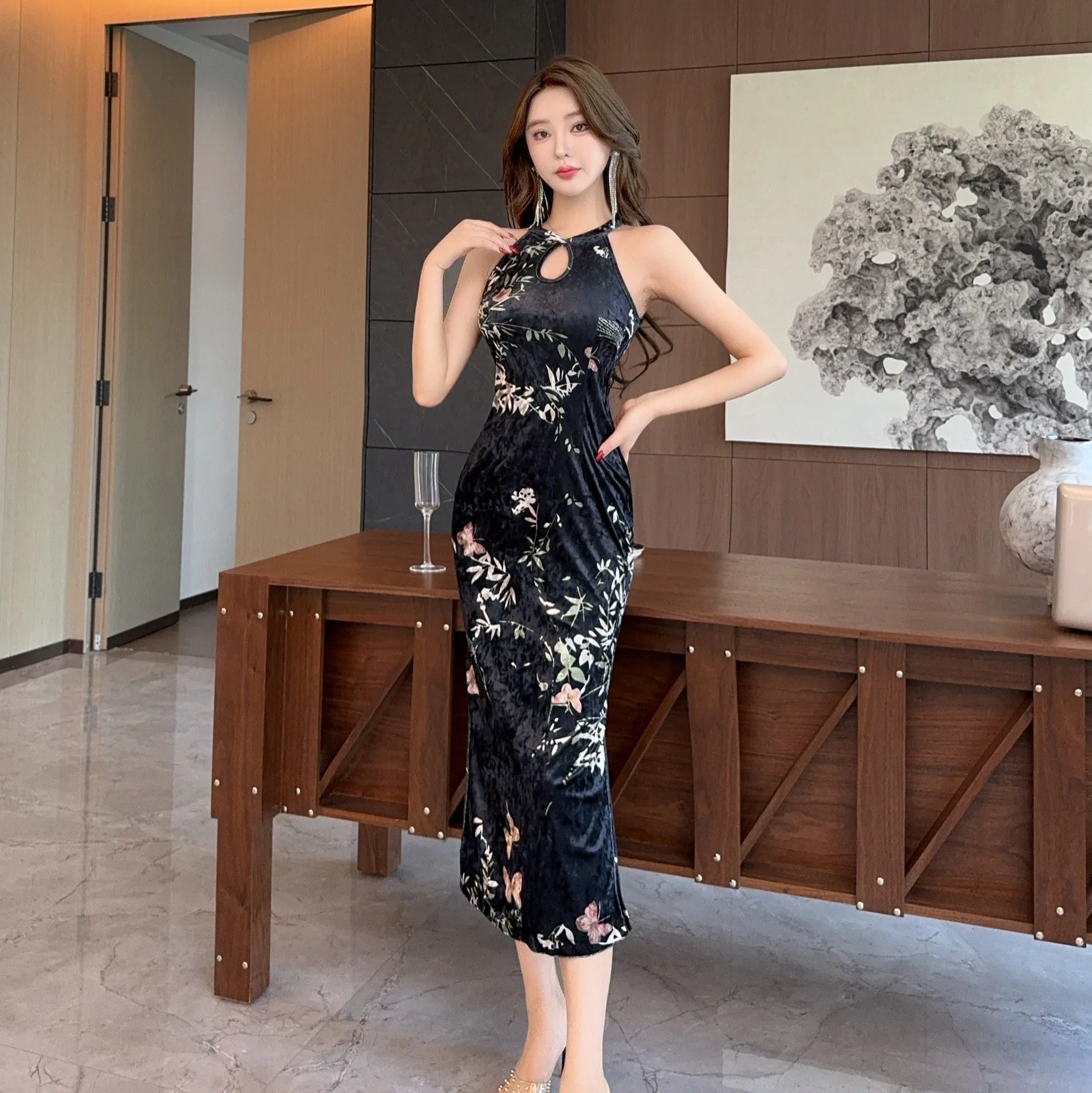 Cheongsam women's young sexy long off-the-shoulder improved daily cheongsam beautiful antique dress