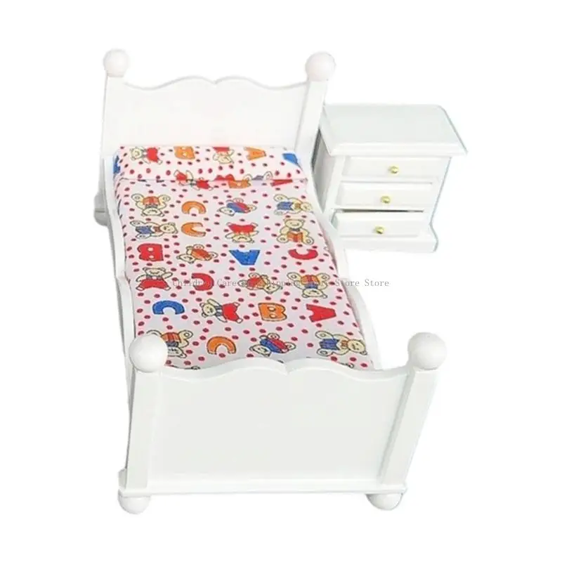 طقم سرير خشبي ومنضدة مقاس 1/12 أثاث مصغر لبيت الدمية للأطفال التظاهر باللعب والعرض القابل للجمع #5