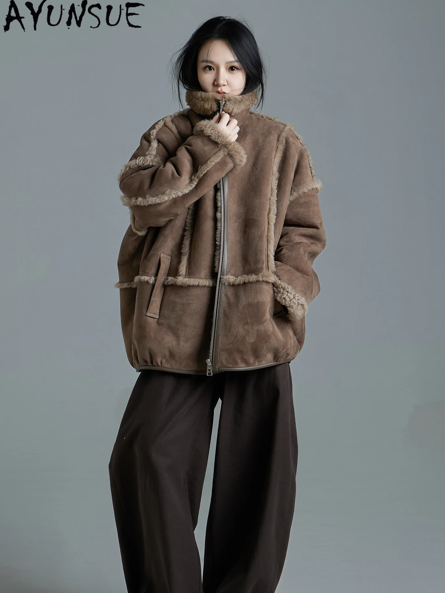 معطف فرو من جلد الغنم الطبيعي من AYUNSUE للنساء جاكيت من الجلد الحقيقي سترات شتوية دافئة فضفاضة تناسب الملابس النسائية الفاخرة Schulaba Жénska #5