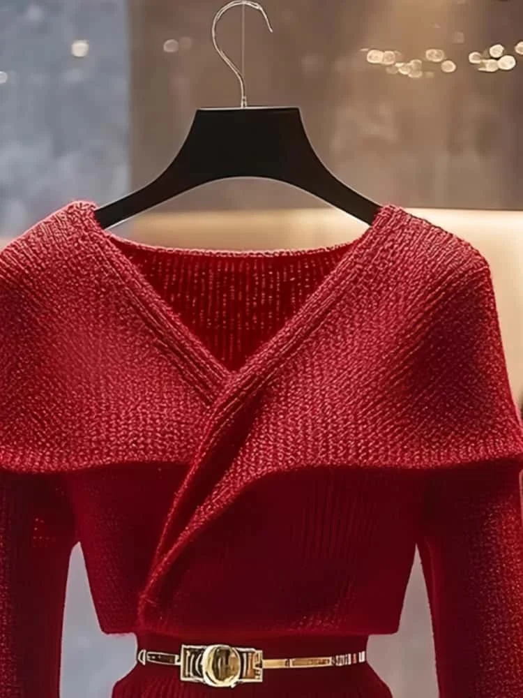 Luxury Sweater For Women V Neck Long Sleeve Autumn New Sweet Fashion Tops Y2K Retract Your Waist Ladies Red Knitted Pullovers 24