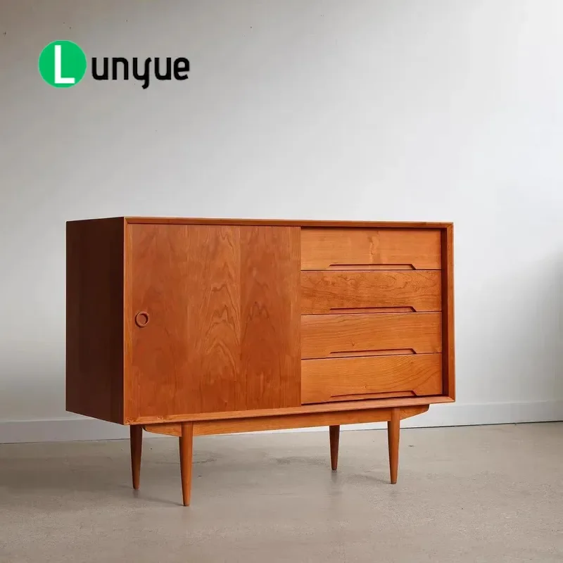 Nordic Cherry Wood Sideboard Medieval Style Solid Wood Dining Tea Cabinet with Drawer Storage for Living Room TV Console