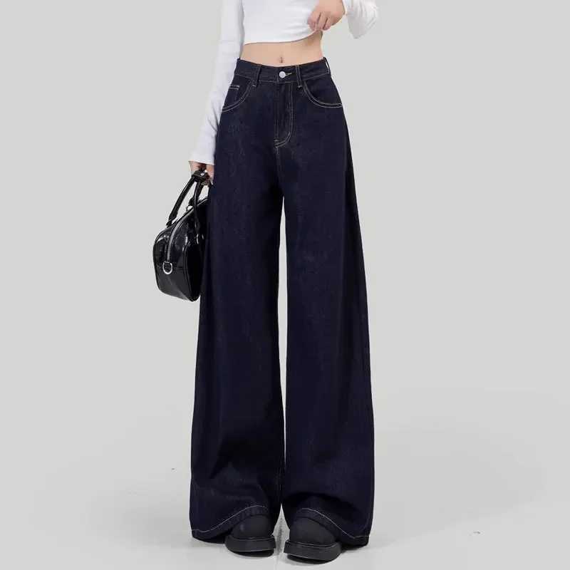 

Women's Loose-Fit Jeans High-Waisted Straight-Leg Draped Lazy Walking Wide-Leg Long Pants Deep Blue Autumn Season