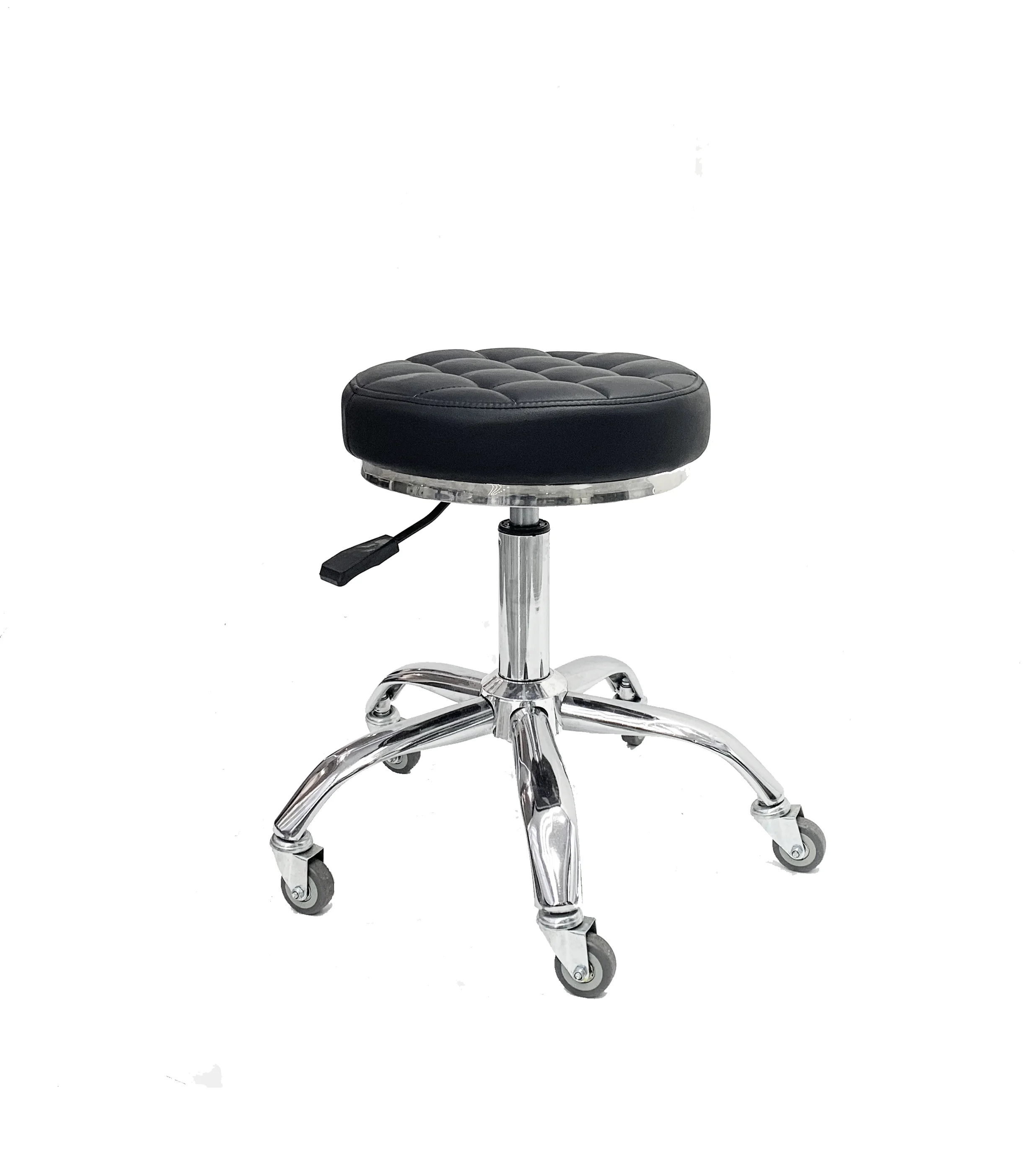 Modern black quilted salon stool for nail technicians, professional hydraulic beauty stool with rollers