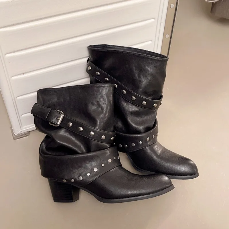 Rivet Buckle Women Mid Calf Boots Round Toe Pants Tube Leather Boots Autumn Winter Vintage Ladies Slip On Western Cowboy Boots