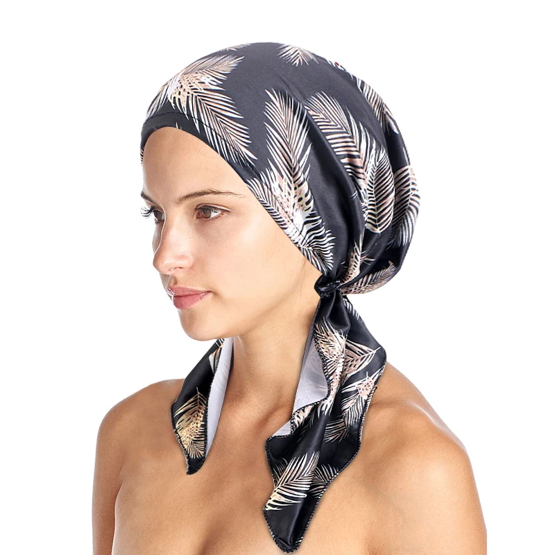 New Women Printed Pre-Tied Turban Cap Muslim Hijab Inner Caps Hair Loss Cover Beanies Bonnet Long Tail Headscarf Strech Bandana