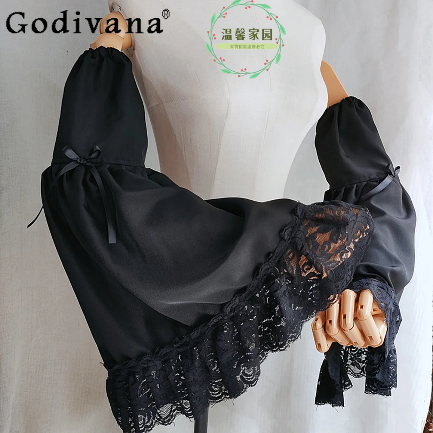 

Японская оригинальная Лолита, черный шифон с рюшами и пышными рукавами, декоративные рукава-колокольчики для косплея