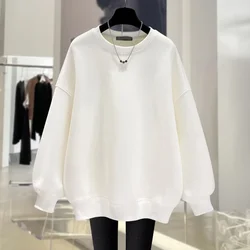 Women Clothing Basic O-neck Pure Cotton Sweatshirts Autumn Loose Casual Solid Poullovers Large Version Simple All-match Hoodies