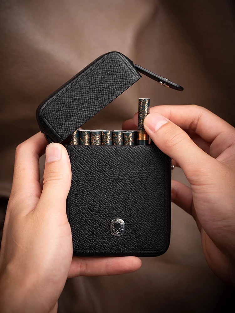 

Handmade Cowhide Leather Cigarette Box Lighter Double-position for Men 20-Stick Holder Portable Creative Gift