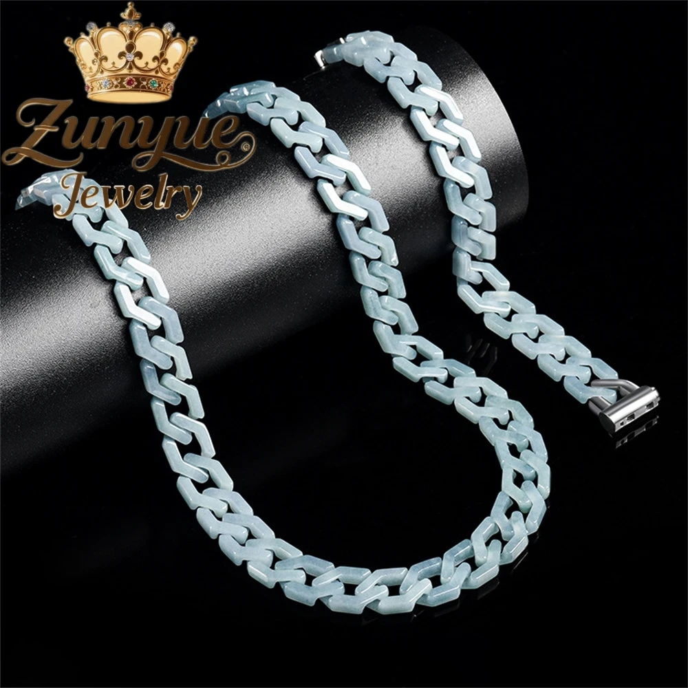 Genuine Natural A-Grade Jadeite Blue Water Rhombic Cuban Chain Bracelet Necklace Jade Titanium Steel Hip-Hop Style Trend Charms