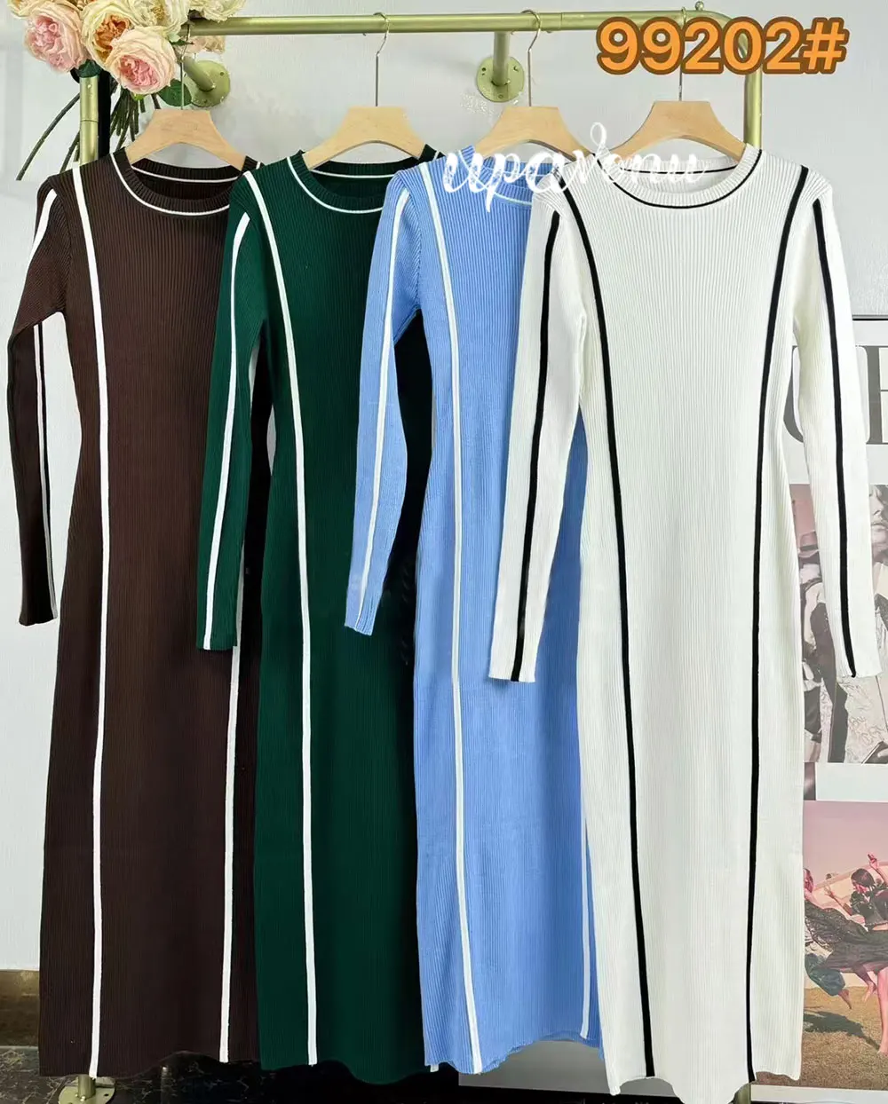 2024 New Women's Casual Knitted Dress O-neck Long Sleeve Slimming Bodycon Vertical Strip Dresses Cocktail Evening Party Vestido