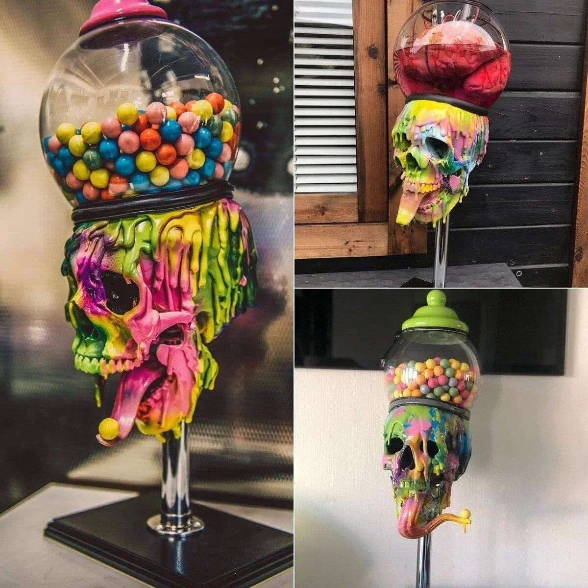 

Skull Bubblegum Machine Skeleton Statue Halloween Resin Craft Colorful Party Candy Jar Horror Table Ornaments Home Decoration 24